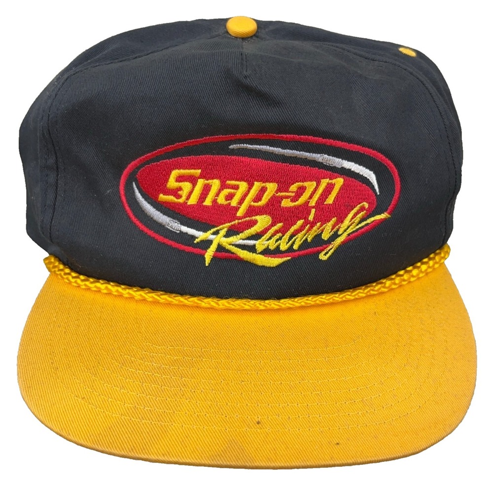 Vintage Snap On Hat Cap Snapback Black Yellow Racing 90s Y2K Tools Rope Trucker